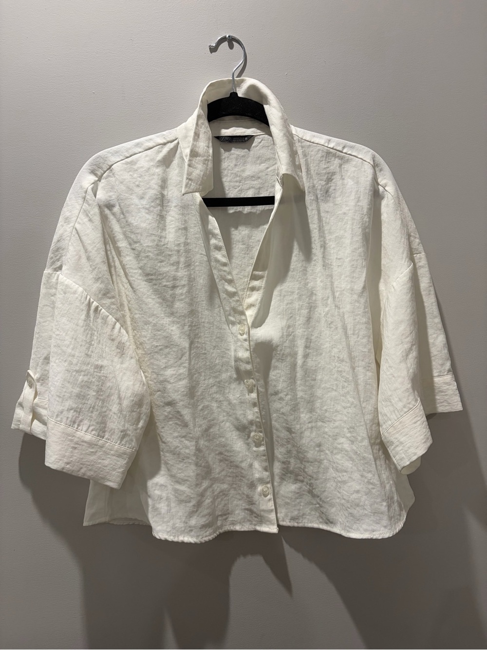 Zara Cropped White Linen Blend Button-Up Shirt
